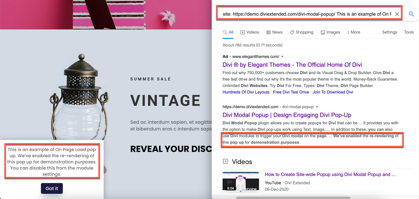 Is the modal content picked by Google for SEO - Divi Extended Documentation
