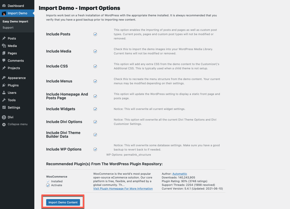 Importing process of Divi child theme