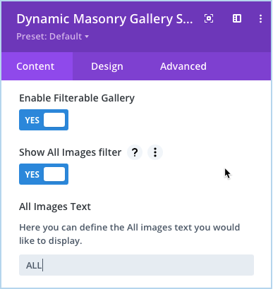 Divi dynamic masonry gallery all images filter option