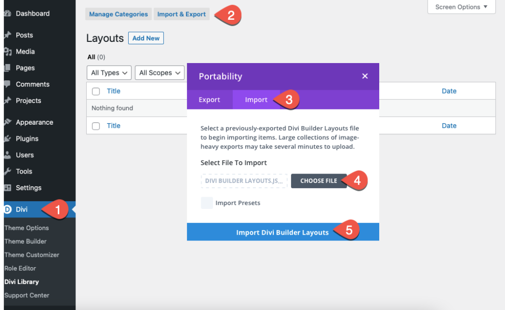 divi library import steps