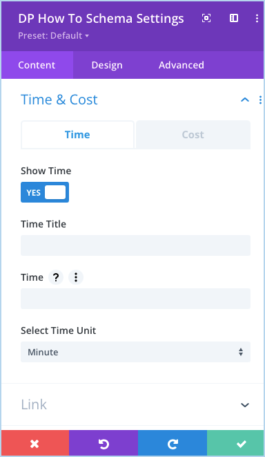 how to schema divi module time and cost setting