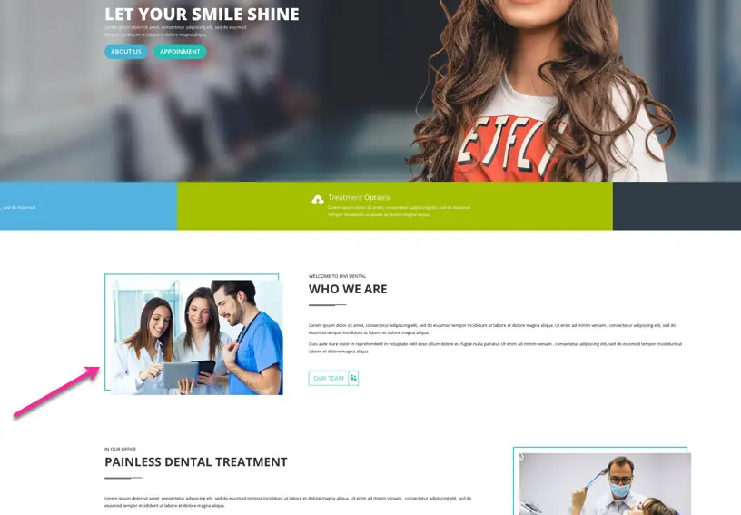 divi dental child theme home page border behind the image