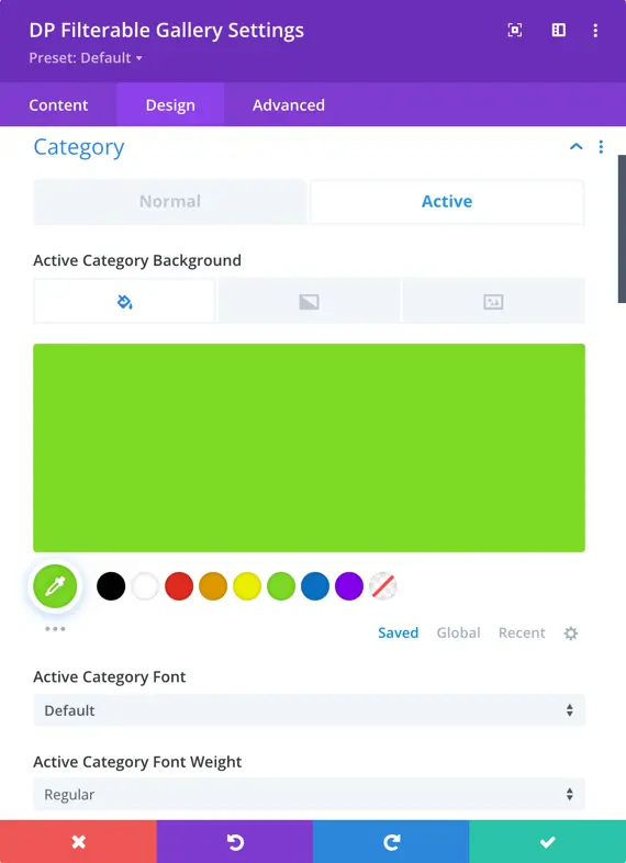 active category option in divi plus filterable gallery