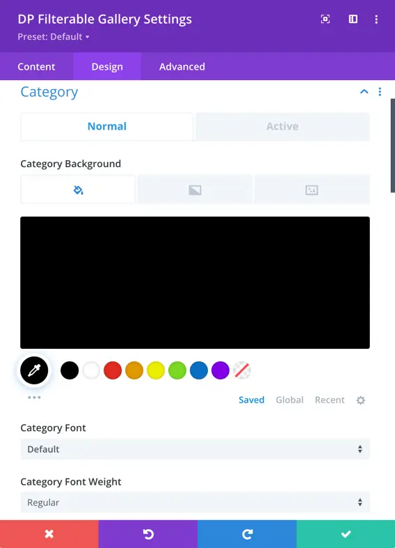 category customization setting in divi plus filterable gallery