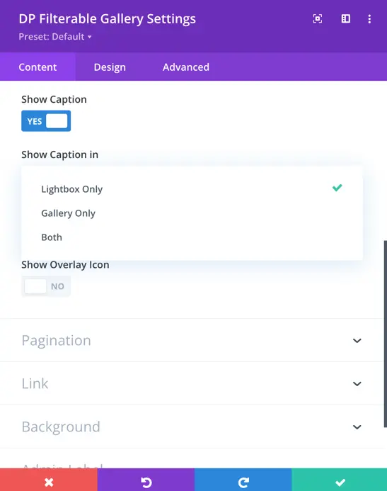 divi filterable gallery caption options