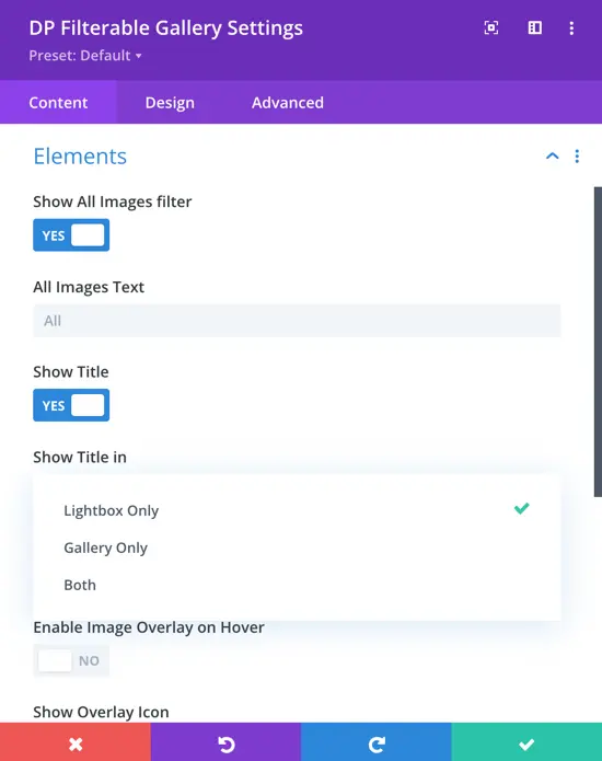 divi filterable gallery elements show title