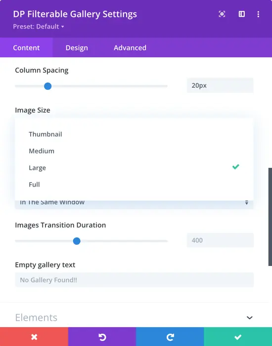 divi filterable gallery image size options