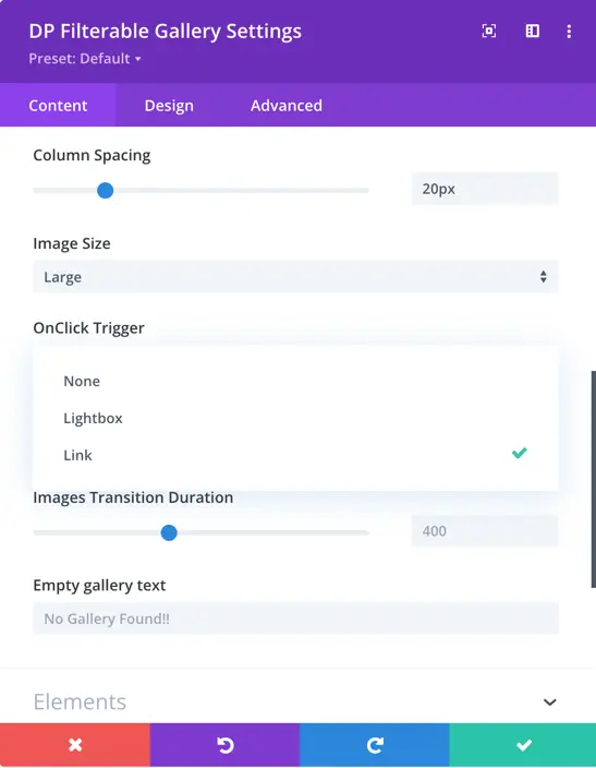 divi filterable gallery onclick trigger