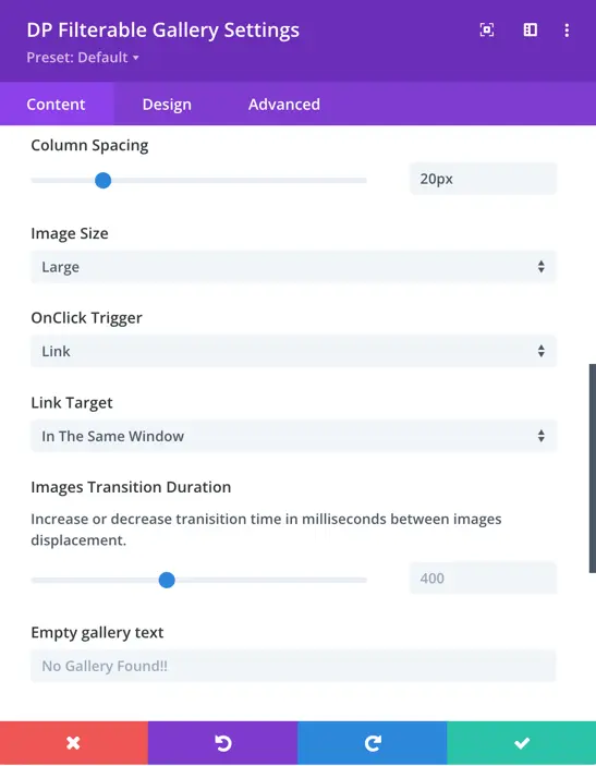 divi filterable gallery other options