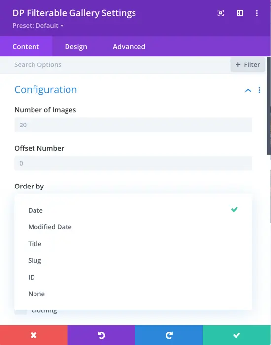 divi fiterable gallery sorting options