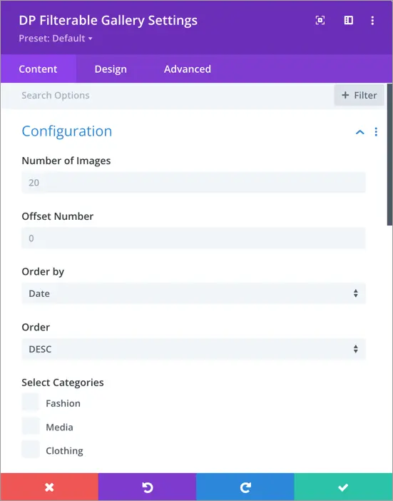 dp filterable gallery content configuration setting