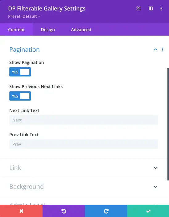 pagination option in divi plus filterable gallery