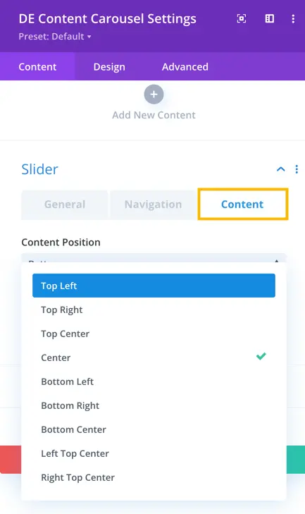 content alignment setting in de content carousel