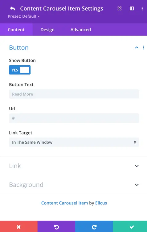 de content carousel content button option