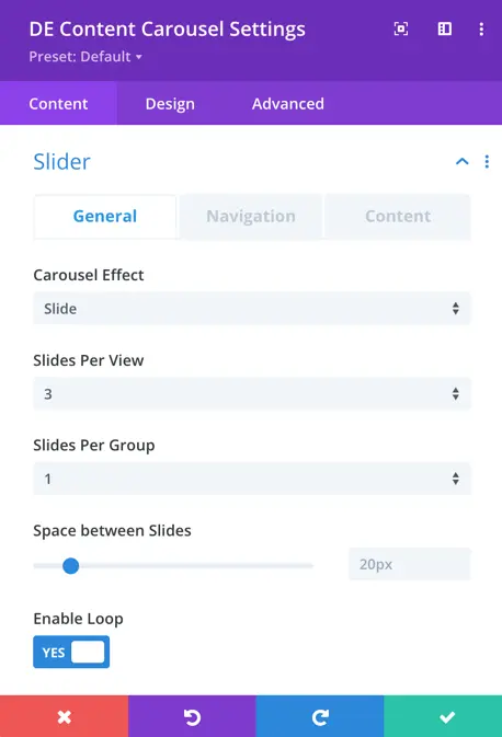 de content carousel slider options