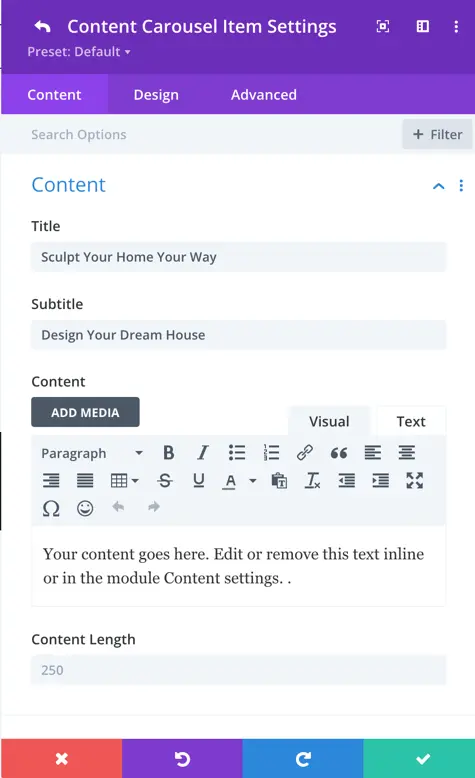 de content carousel sub item content options