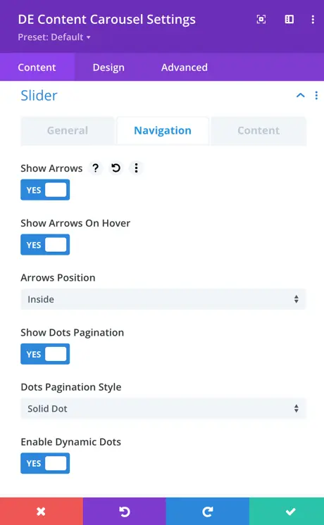 slider navigation content options