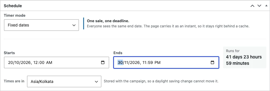 Campaign Schedule box with timer mode, start, end and timezone