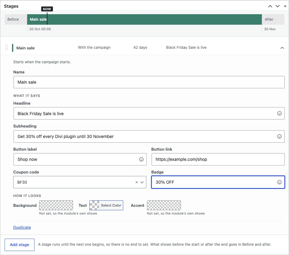Campaign stage with headline, subheading, button, coupon and badge