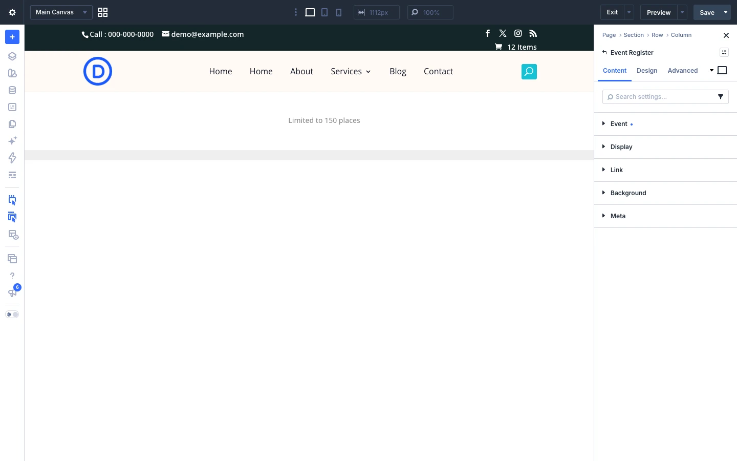 Event Register Content tab