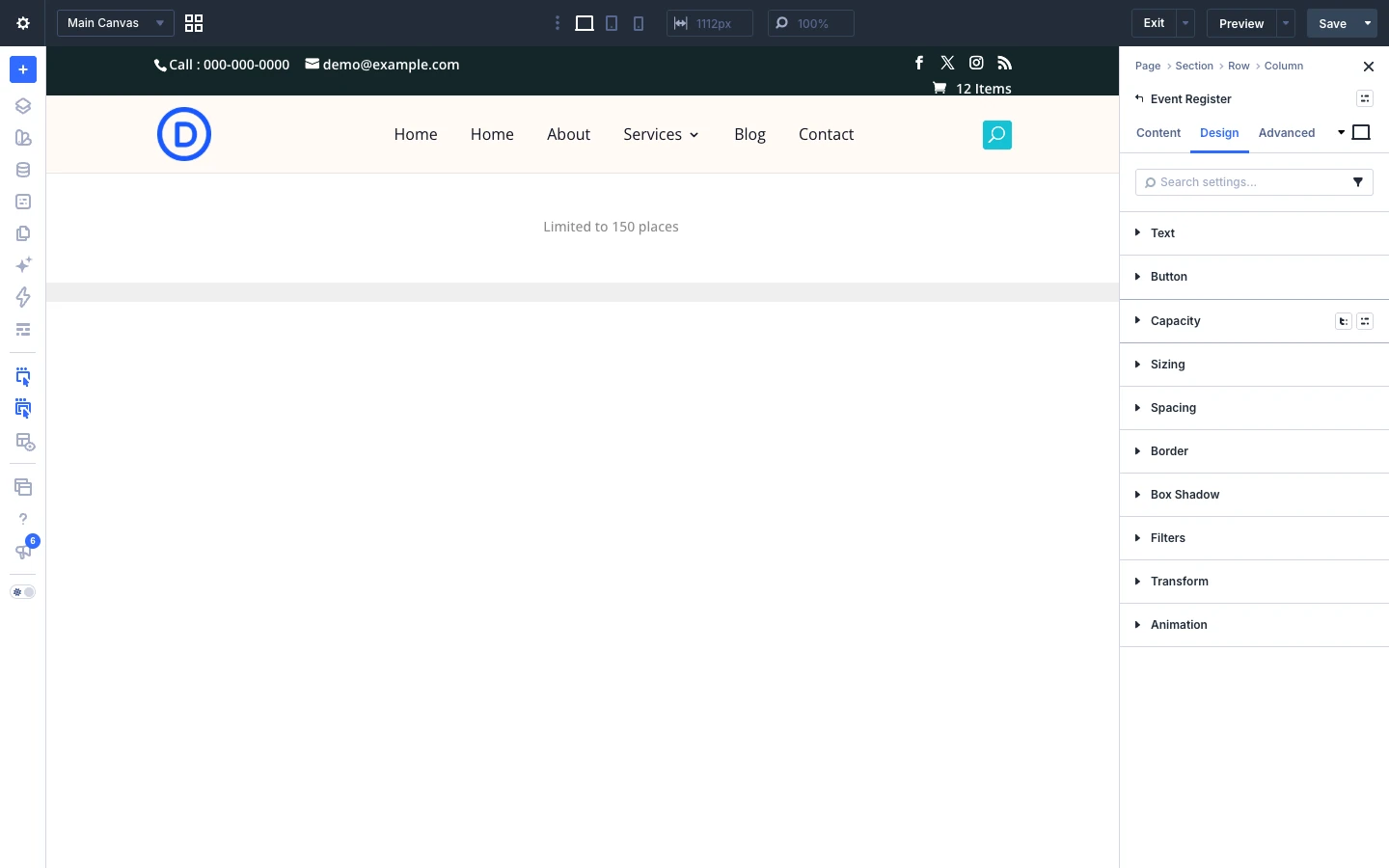 Event Register Design tab