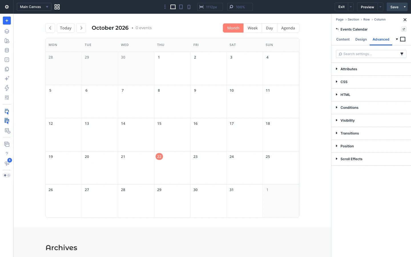 Events Calendar Advanced tab