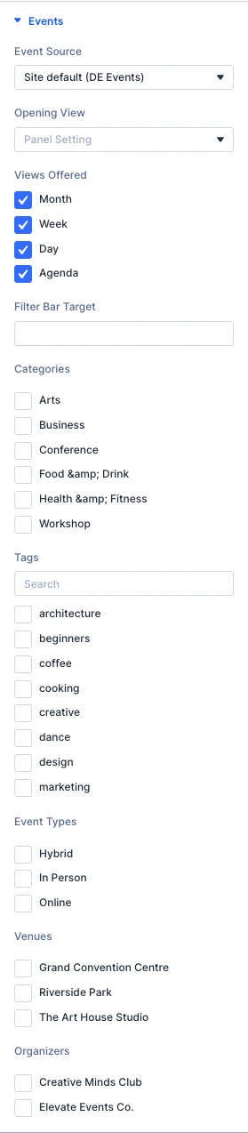 Events Calendar Events settings