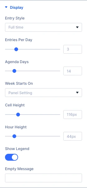 Events Calendar Display settings