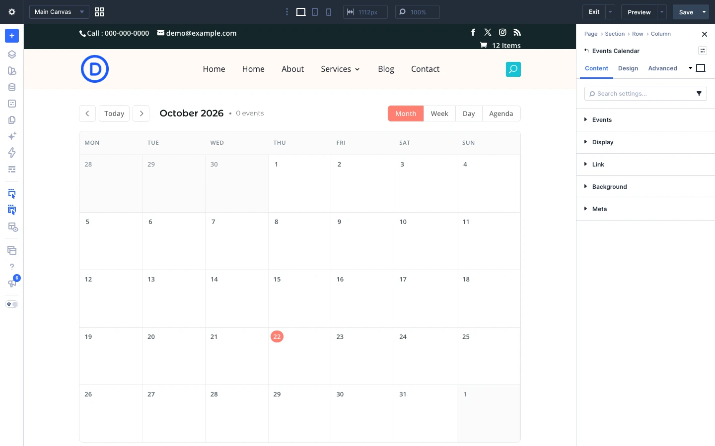 Events Calendar Content tab