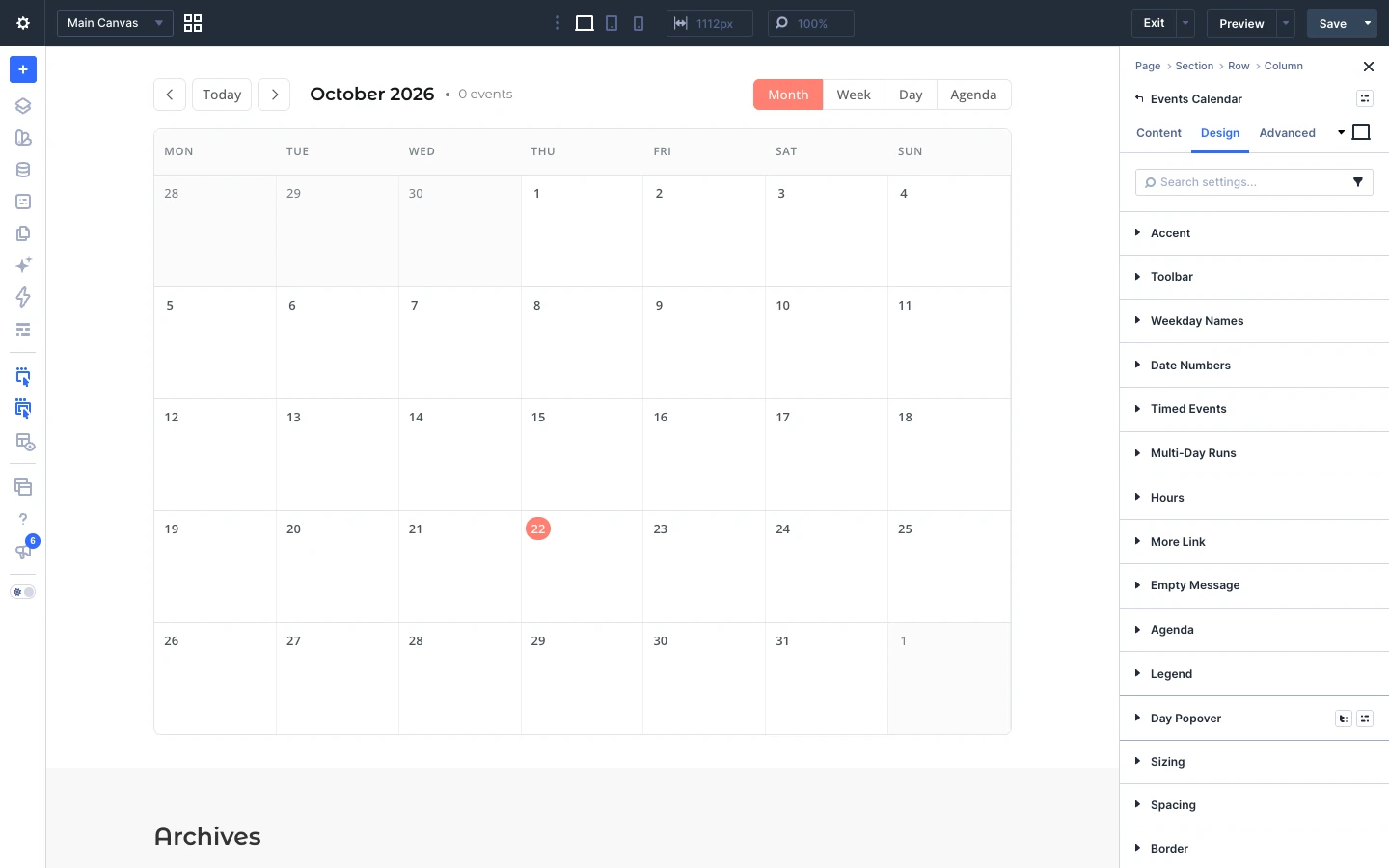 Events Calendar Design tab