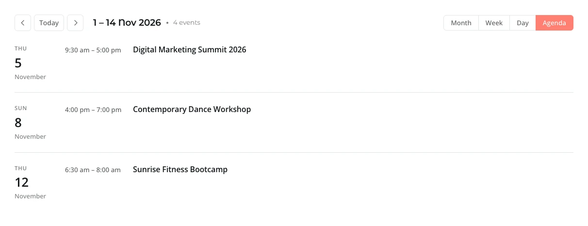Events Calendar module on the frontend