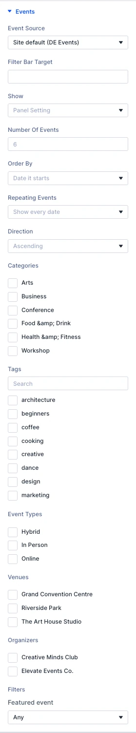 Events Feed Events settings