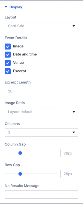 Events Feed Display settings