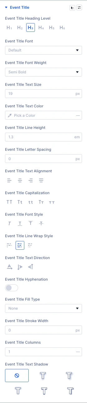 Events Feed event title design settings