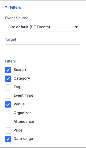 Events Filter Bar Filters settings