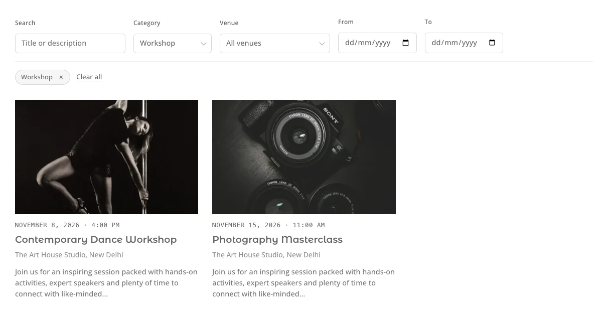 Events Filter Bar module on the frontend