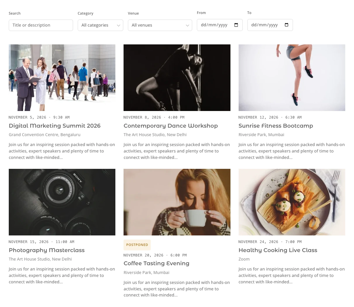 Events Filter Bar module on the frontend