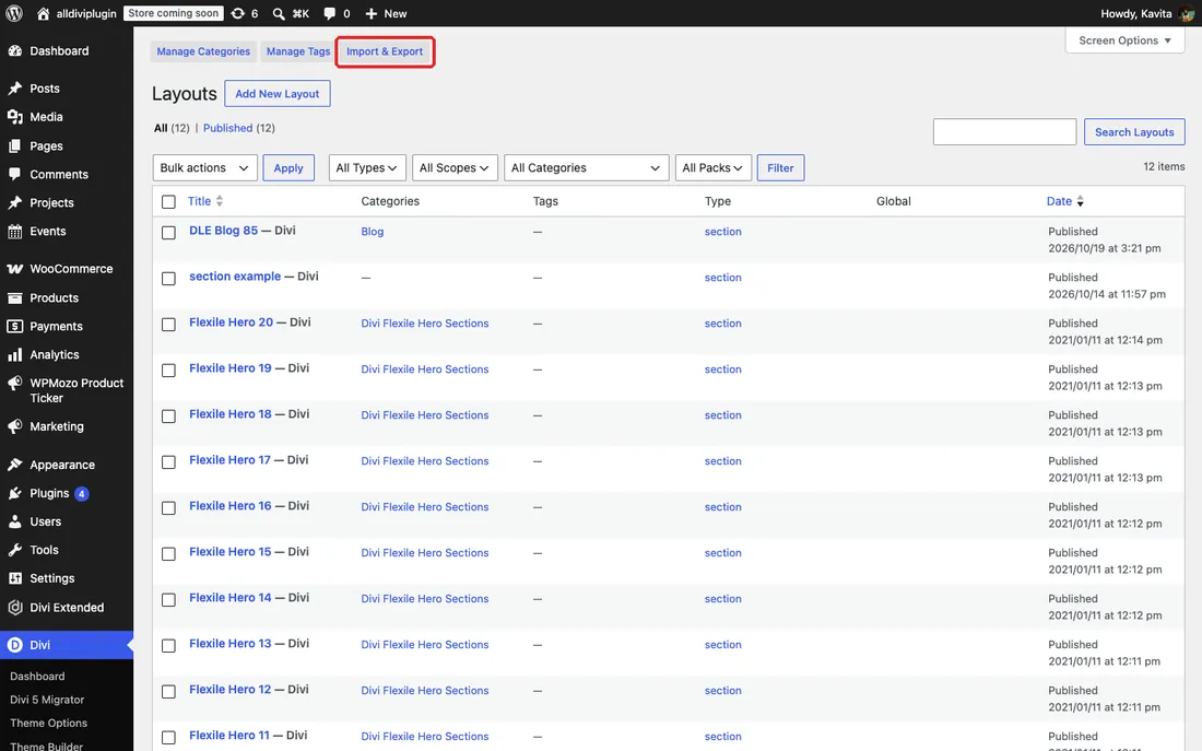 Importing a layout into the Divi Library in Divi 5