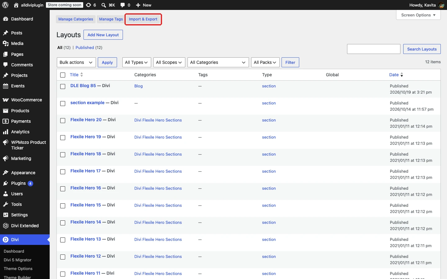 Import & Export button at the top of the Divi Library screen