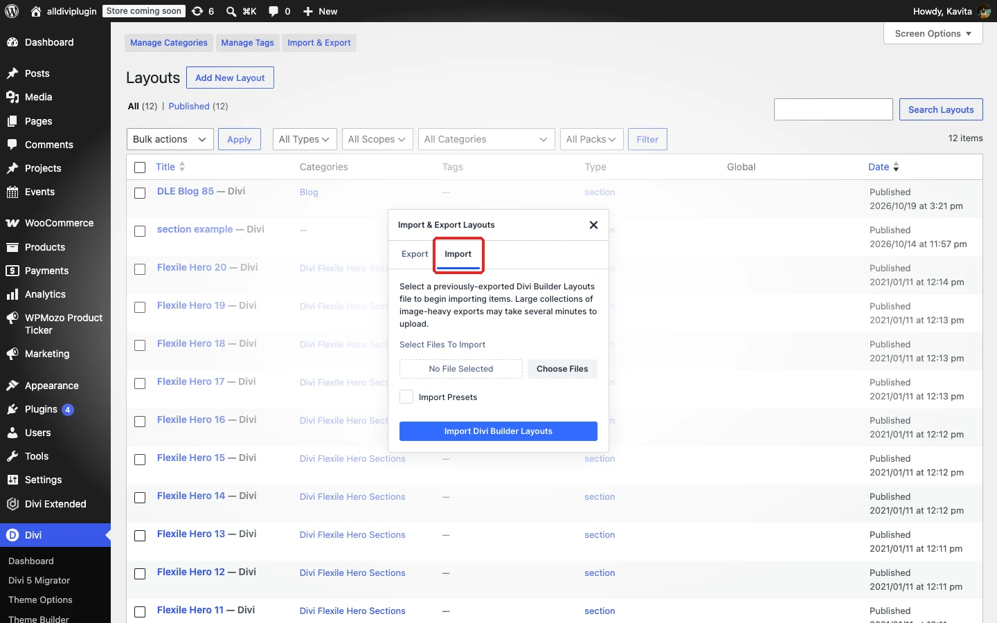 Import tab in the Import & Export Layouts window