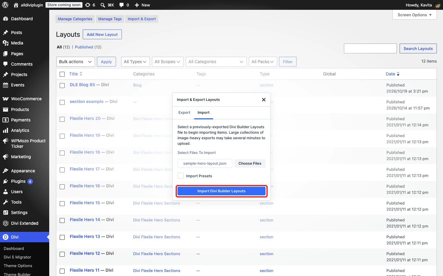 Import Divi Builder Layouts button
