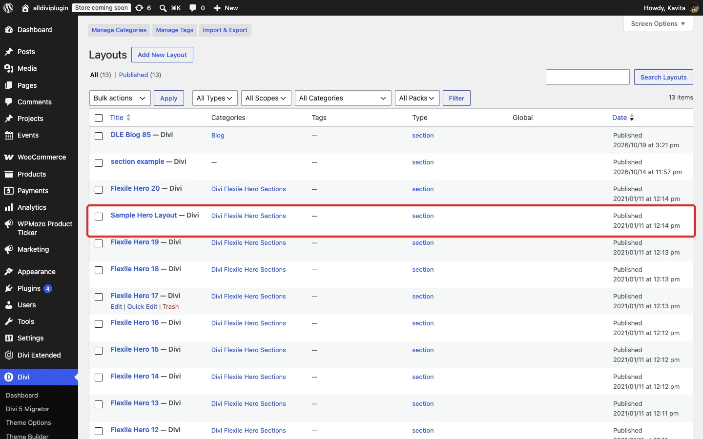 Imported layout listed in the Divi Library