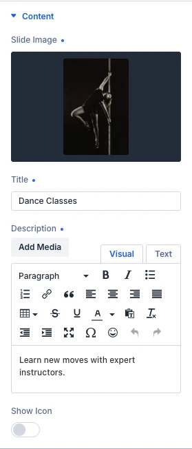 Accordion Slider accordion item Content settings
