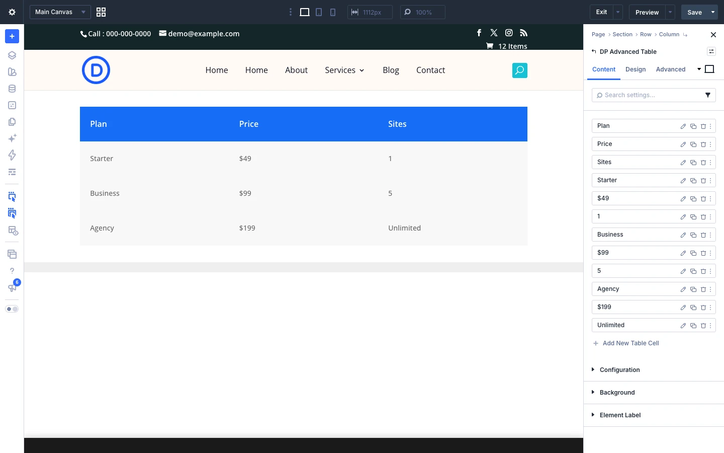Advanced Table Content tab
