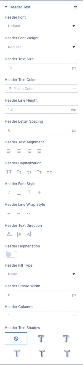 Advanced Table Header Text design settings