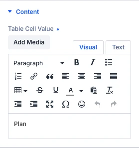 Advanced Table advanced table cell Content settings
