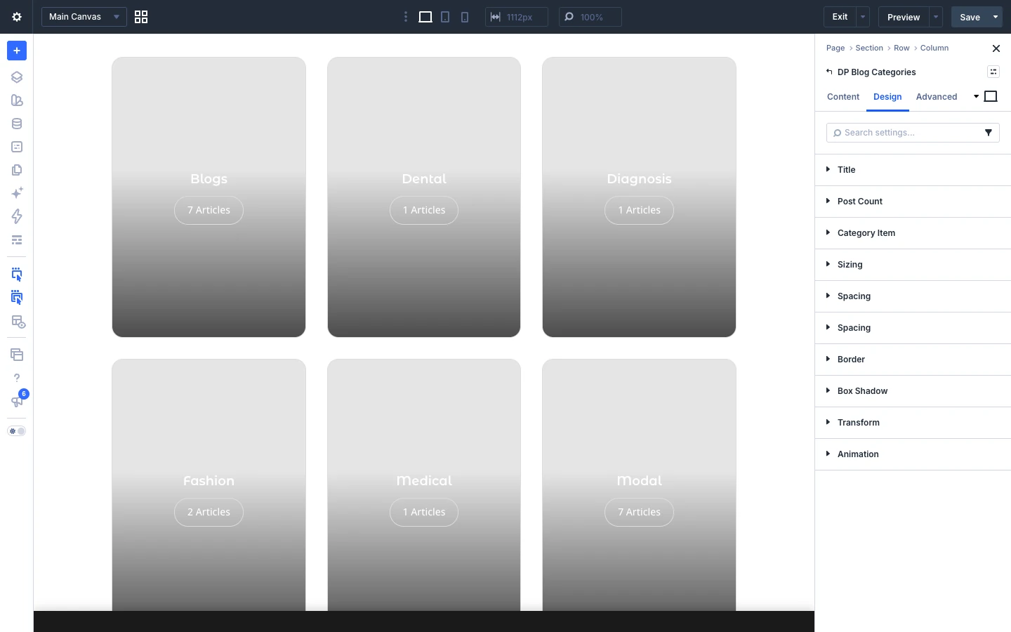 Blog Categories Design tab