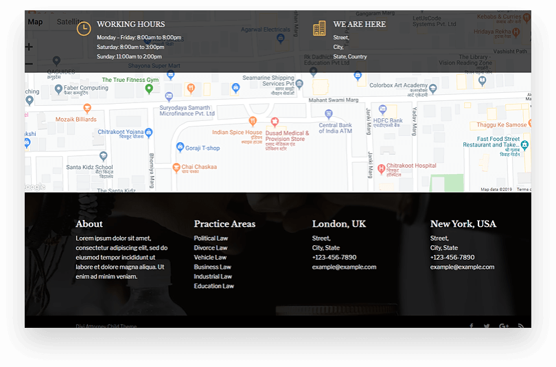 Divi Attorney includes map and direction at the bottom of the page