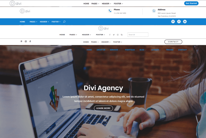 Header layouts come with Divi Agency child theme to change opening appearance of the site altogether