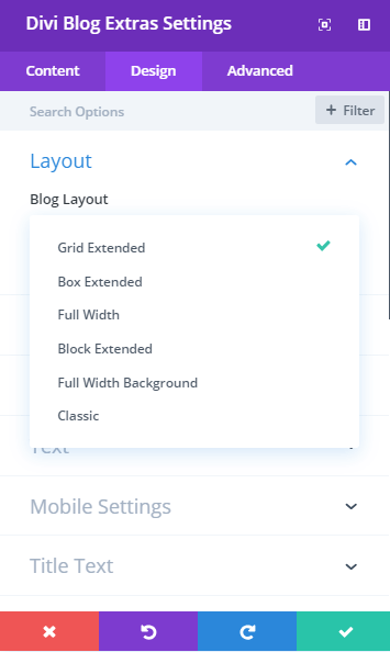 Layout design selection setting in visual builder